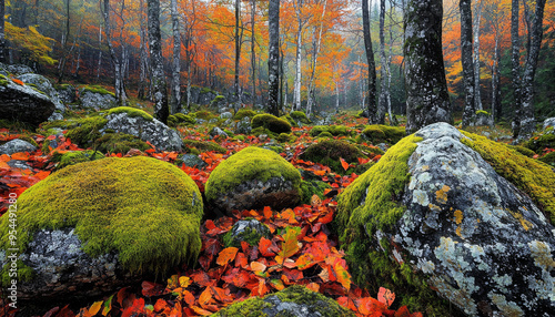 A serene forest scene showcasing moss-covered rocks and vibrant autumn foliage.