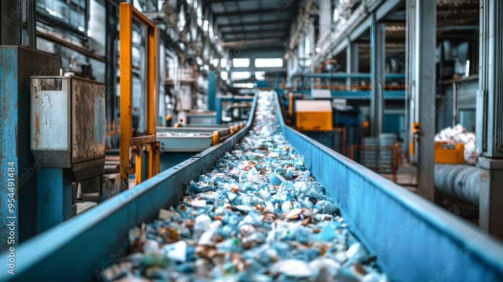 A conveyor belt filled with plastic waste moves steadily through an industrial recycling plant, illuminated by natural light filtering through large windows A conveyor belt filled with plastic waste moves steadily through an industrial recycling plant, illuminated by natural light filtering through large windows