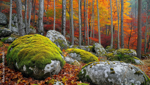 A serene forest scene showcasing vibrant autumn foliage, moss-covered rocks, and tall trees.