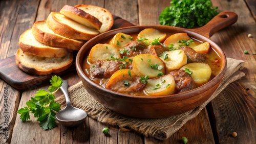Lancashire Hotpot served in a traditional, earthenware bowl, garnished with a sprinkle of chopped fresh parsley and a few crusty bread slices, on a distressed, wooden table.