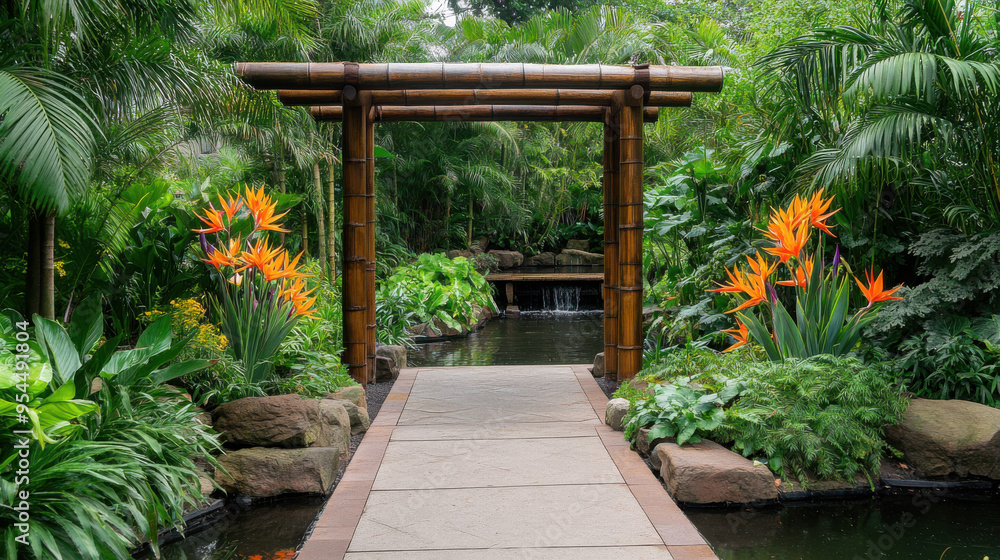 Tranquil Garden Pathway with a Waterfall Tranquil Garden Pathway with a Waterfall