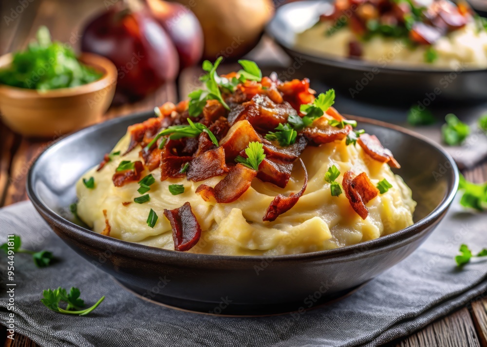 A bold, colorful shot of mashed potatoes with onion gravy, garnished with a sprinkle of chopped herbs and a few crispy bacon strips, set against a blurred background of a modern kitchen. A bold, colorful shot of mashed potatoes with onion gravy, garnished with a sprinkle of chopped herbs and a few crispy bacon strips, set against a blurred background of a modern kitchen.