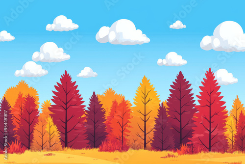 A vibrant autumn landscape featuring colorful trees under a clear blue sky with fluffy clouds.
