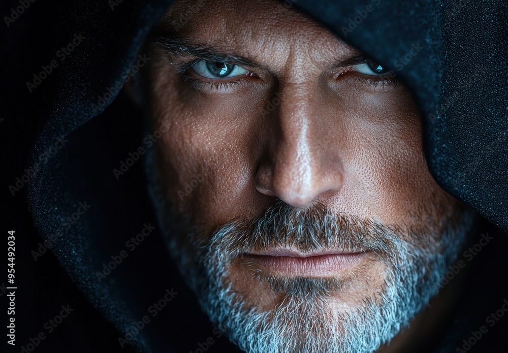 Intense gaze of a bearded man in a dark hooded jacket Intense gaze of a bearded man in a dark hooded jacket