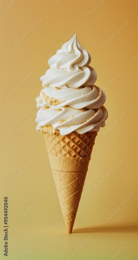 Scrumptious soft-serve ice cream swirl atop crunchy cone over sunny yellow Scrumptious soft-serve ice cream swirl atop crunchy cone over sunny yellow