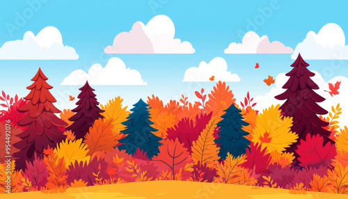 A vibrant autumn landscape featuring colorful trees and a bright sky with clouds. Perfect for seasonal themes and backgrounds.