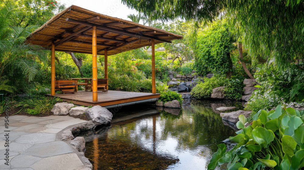 Tropical Oasis with Bamboo Gazebo Overlooking a Tranquil Pond Tropical Oasis with Bamboo Gazebo Overlooking a Tranquil Pond