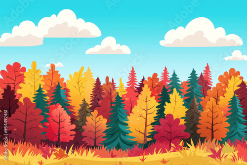 A vibrant autumn forest scene with colorful foliage, showcasing trees in shades of red, orange, and yellow against a blue sky.