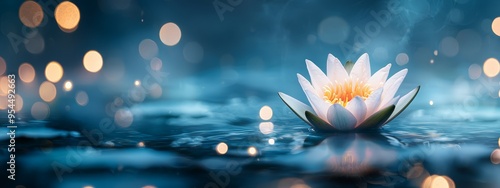  A white water lily floats atop a body of water, surrounded by numerous lights in the background