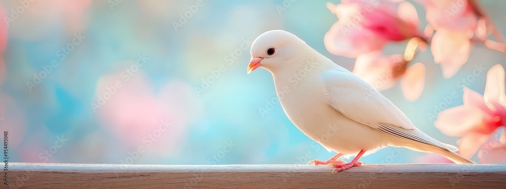 A white bird perches on a ledge before a tree, its side adorned with pink blossoms Blue sky stretches behind A white bird perches on a ledge before a tree, its side adorned with pink blossoms Blue sky stretches behind