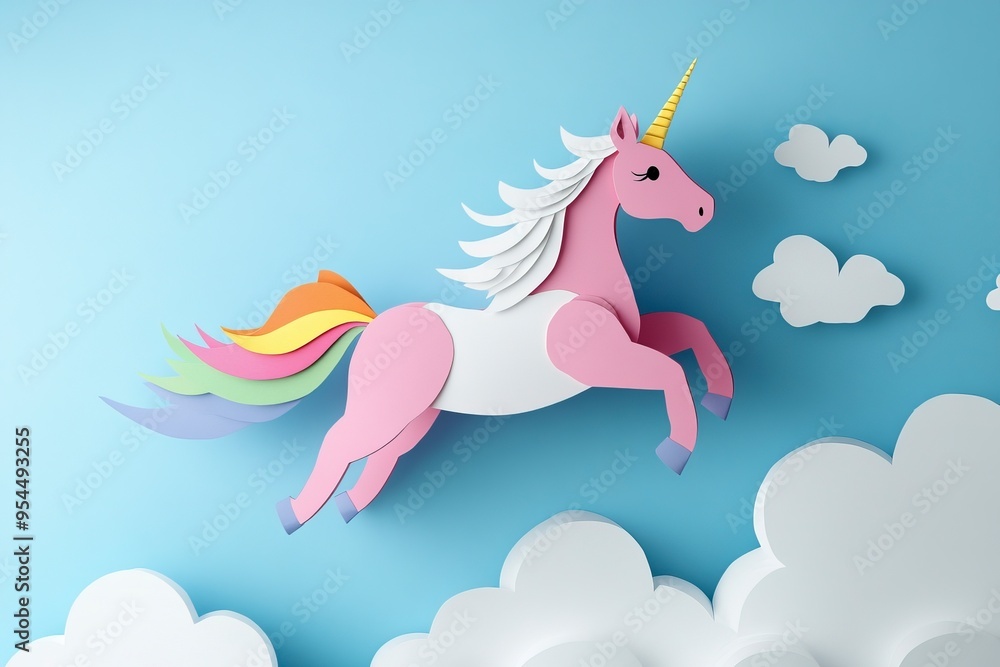 Handcrafted paper unicorn model in three dimensions, featuring pink body, white head, Rainbow mane and tail depicted leaping over white clouds. Generative Ai Handcrafted paper unicorn model in three dimensions, featuring pink body, white head, Rainbow mane and tail depicted leaping over white clouds. Generative Ai