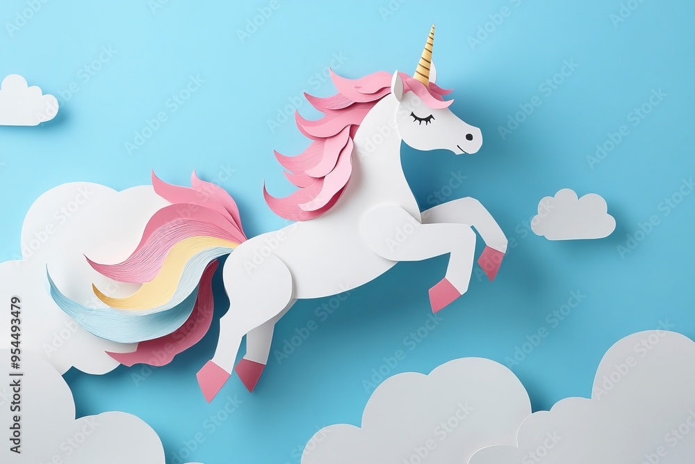 Handcrafted paper unicorn model in three dimensions, featuring pink body, white head, Rainbow mane and tail depicted leaping over white clouds. Generative Ai Handcrafted paper unicorn model in three dimensions, featuring pink body, white head, Rainbow mane and tail depicted leaping over white clouds. Generative Ai