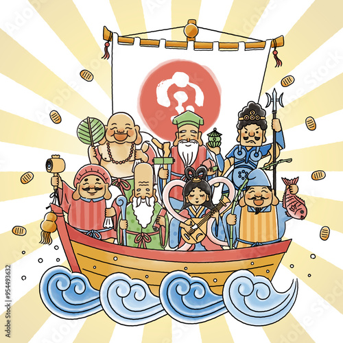 シンプルでかわいい七福神と宝船のイラスト
