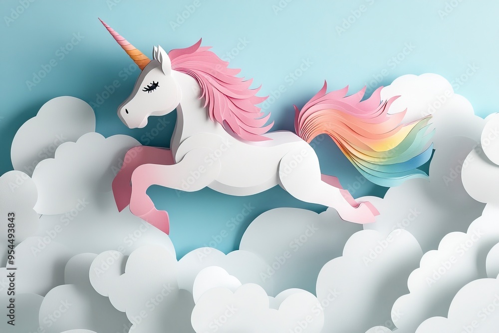 Fototapeta premium Handcrafted paper unicorn model in three dimensions, featuring pink body, white head, Rainbow mane and tail depicted leaping over white clouds. Generative Ai