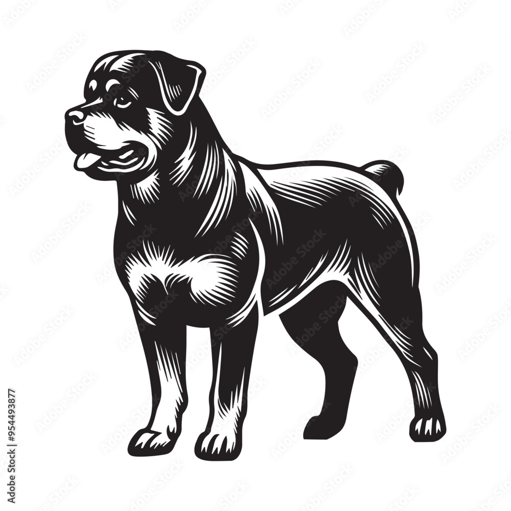Rottweiler Dog Standing silhouette - standing dog side view Vector illustration in black and white Rottweiler Dog Standing silhouette - standing dog side view Vector illustration in black and white