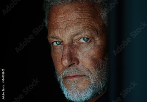 Mature man with piercing blue eyes and gray beard