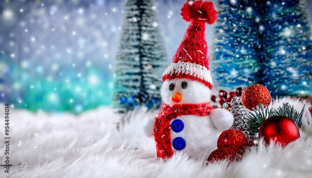 A doll of a Snowman stands in a snowdrift with pine forest on the background in sunny morning A doll of a Snowman stands in a snowdrift with pine forest on the background in sunny morning