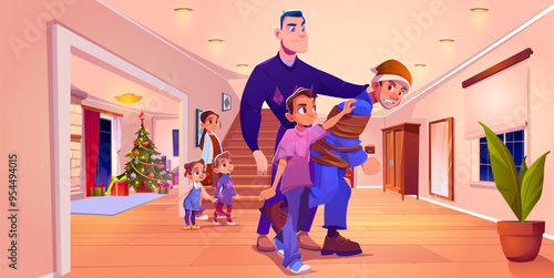 Father and burglar in home corridor background. Christmas house hallway and family catch thief on xmas. Indoor holiday illustration for robbery and justice scene. Angry character about outlaw