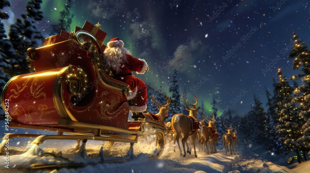 Santa Claus rides through a snowy forest in a sleigh led by reindeer under the northern lights on a winter night Santa Claus rides through a snowy forest in a sleigh led by reindeer under the northern lights on a winter night