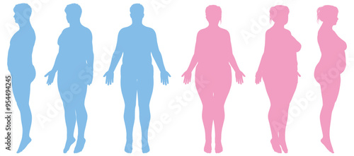 太った男性とぽっちゃりした女性の全身正面 横向き 斜めのイラスト シルエットセット ピンクとブルー