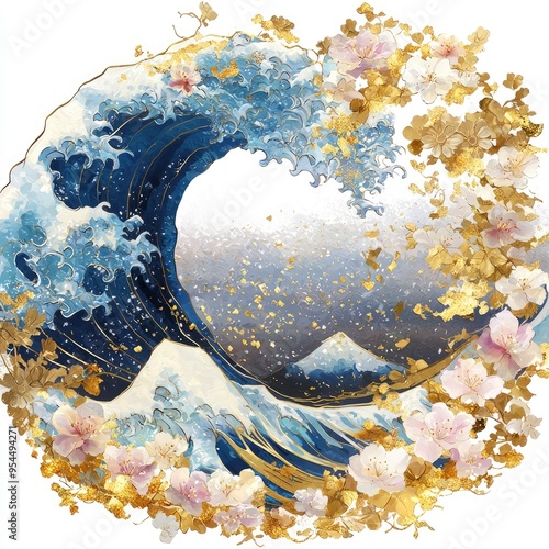 Great Wave and Cherry Blossoms, a Japanese Art Inspired Illustration photo