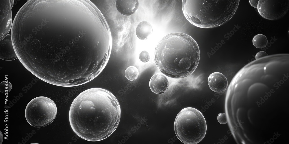 Glowing bubbles in space with a plasma field an abstract black and white background created through 3D cartoon rendering Glowing bubbles in space with a plasma field an abstract black and white background created through 3D cartoon rendering