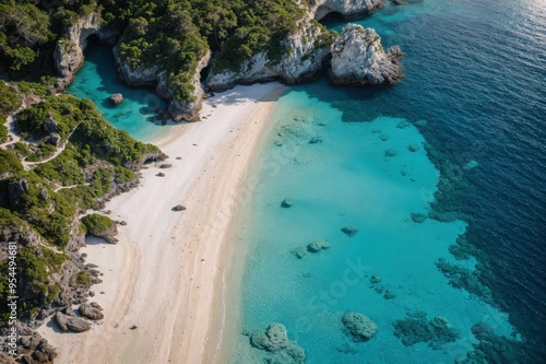 Serene beach follows the turquoise sea amidst verdant foliage and rocky cliffs 