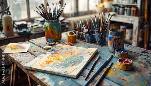 A vibrant artists workspace filled with colorful paint, brushes, and canvases, evoking sense of creativity and inspiration.