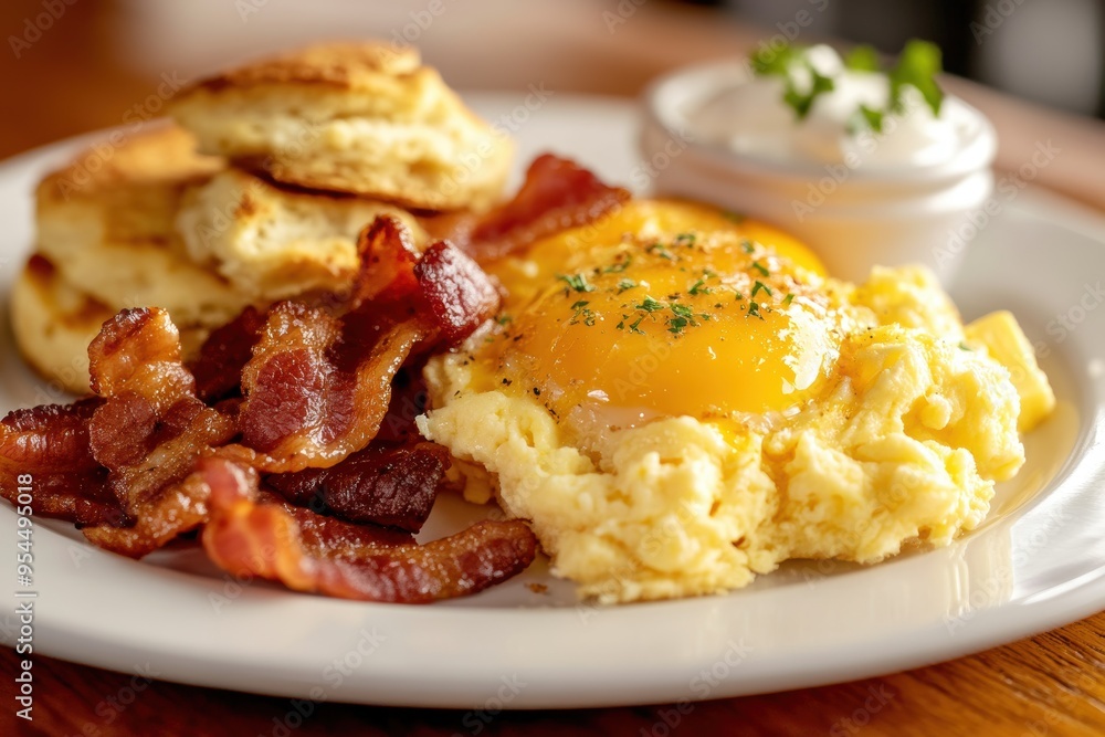 Traditional Breakfast with Bacon, Egg, and Biscuits. Generative AI. Traditional Breakfast with Bacon, Egg, and Biscuits. Generative AI.