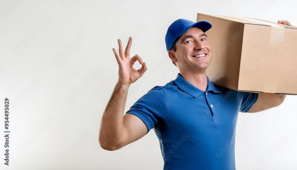 Cheerful young delivery man in blue cap standing with parcel post box isolated over white background showing okay gesture. Cheerful young delivery man in blue cap standing with parcel post box isolated over white background showing okay gesture.