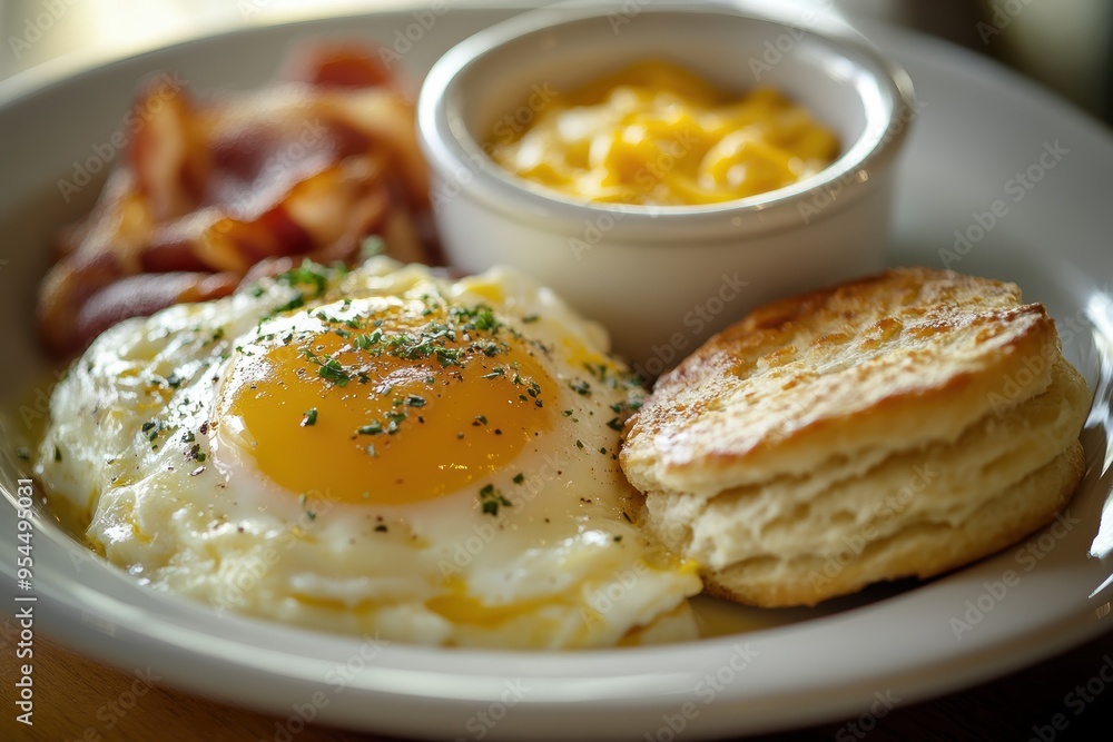 Sunny Side Up Eggs with Bacon and Biscuits. Generative AI. Sunny Side Up Eggs with Bacon and Biscuits. Generative AI.