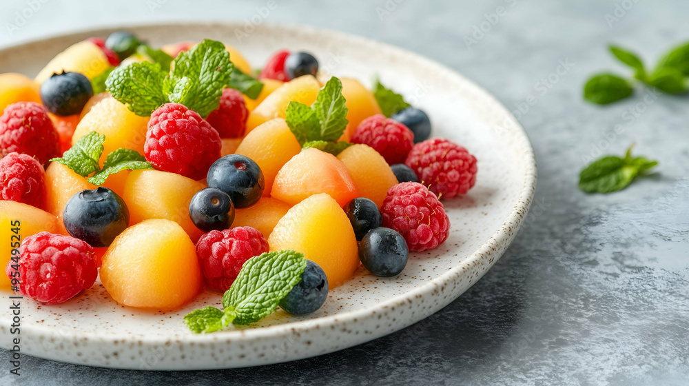 Fresh fruit salad featuring vibrant melon balls, raspberries, and blueberries, garnished with fresh mint leaves. Fresh fruit salad featuring vibrant melon balls, raspberries, and blueberries, garnished with fresh mint leaves.