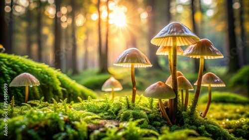 Sage green mushroom caps scattered on a mossy forest floor, low-angle view, soft morning dew-kissed light, serene and peaceful atmosphere, a realistic photo image.