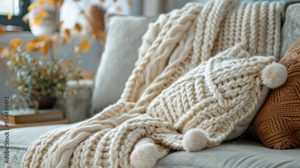 Blanket: This cozy knitted throw blanket in neutral beige wool is draped over the sofa, offering warmth and a soft touch, ideal for snuggling up on chilly nights.
Blanket: This cozy knitted throw blanket in neutral beige wool is draped over the sofa, offering warmth and a soft touch, ideal for snuggling up on chilly nights.