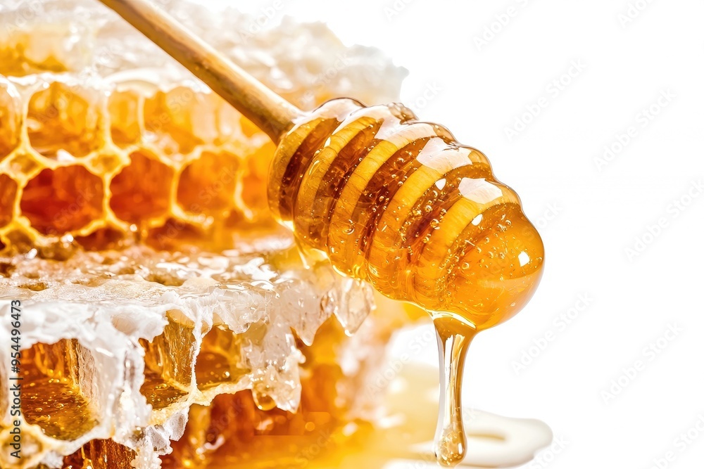 Golden honey dripping from a dipper over a honeycomb, showcasing its natural sweetness and rich texture. Golden honey dripping from a dipper over a honeycomb, showcasing its natural sweetness and rich texture.