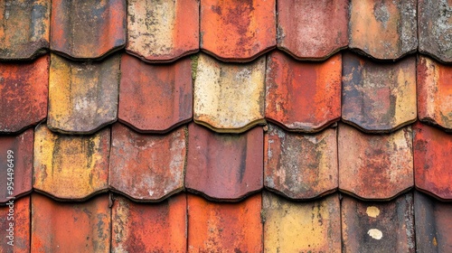 Detailed view of old, sun-worn roof tiles in shades of red and orange, forming a classic pattern on a vintage building.