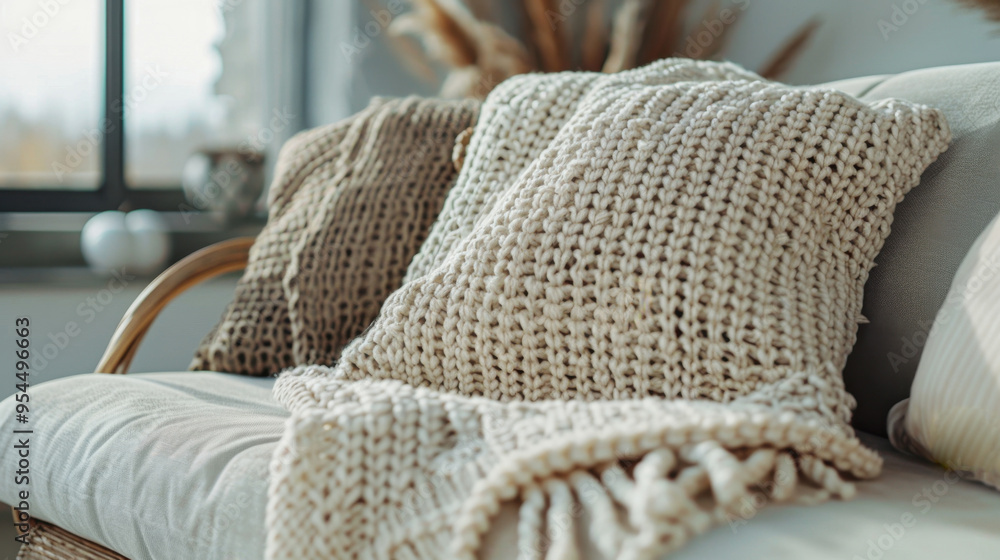 Blanket: Draped over the sofa, this knitted throw blanket in soft beige wool provides warmth and comfort. Its cozy texture is perfect for chilly evenings.
Blanket: Draped over the sofa, this knitted throw blanket in soft beige wool provides warmth and comfort. Its cozy texture is perfect for chilly evenings.