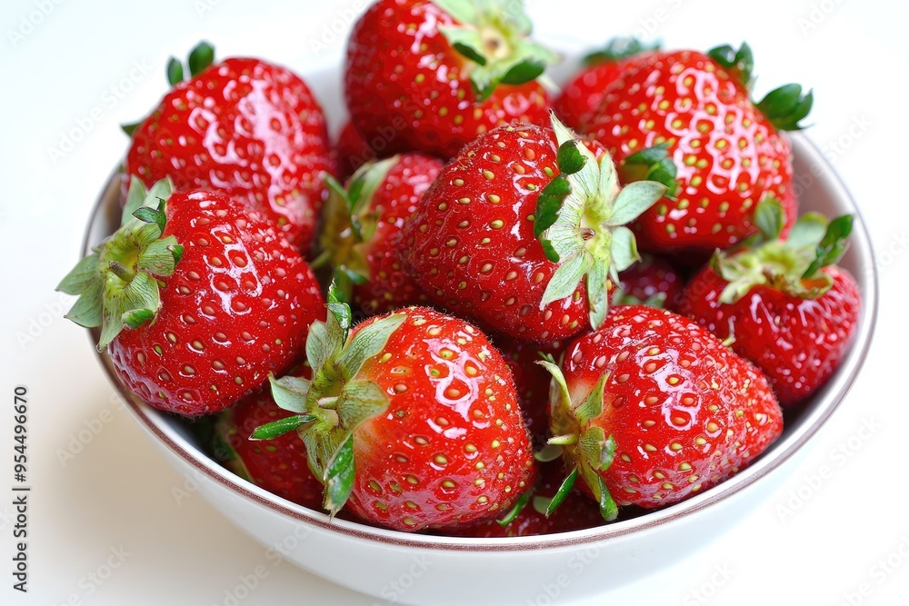 Fresh and vibrant strawberries piled high in a white bowl, perfect for healthy snacks or dessert ideas. Fresh and vibrant strawberries piled high in a white bowl, perfect for healthy snacks or dessert ideas.