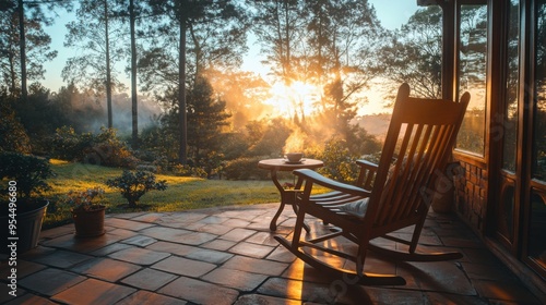 A rocking chair on the porch, a cup of steaming coffee on a table nearby, a view of the sprawling garden at sunrise photo