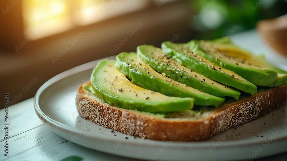 Freshly sliced avocado laid beautifully on a toasted slice of bread, seasoned with black pepper and salt. Freshly sliced avocado laid beautifully on a toasted slice of bread, seasoned with black pepper and salt.