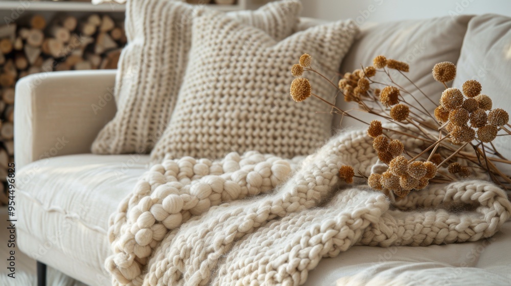 Blanket: A warm, knitted throw blanket in neutral beige is draped over the sofa. Made from soft wool, it’s perfect for cozying up during chilly evenings.
Blanket: A warm, knitted throw blanket in neutral beige is draped over the sofa. Made from soft wool, it’s perfect for cozying up during chilly evenings.
