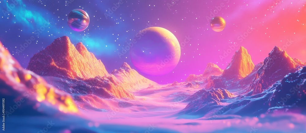 Cartoon rendering in 3D of a vibrant cosmic landscape Cartoon rendering in 3D of a vibrant cosmic landscape
