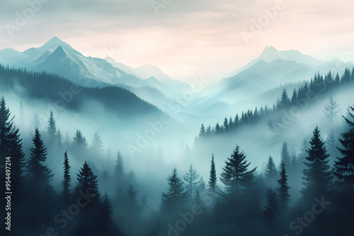 Stunning view of mountains covered in mist against a backdrop of soft pink and blue skies. The trees in the foreground are silhouetted against the misty sky