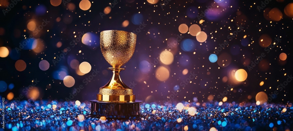 Trophy award for music nomination winner with bokeh light sparkle background. Generative AI technology.