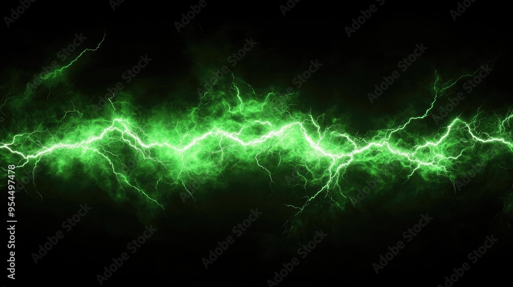 Naklejka premium Isolated visual effect of green electrical lightning strike against a black background