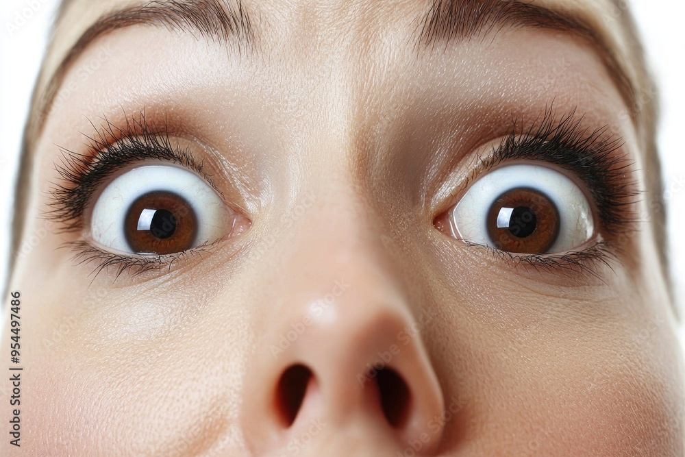 Close-up of a surprised woman's eyes, showcasing shock and curiosity, emphasizing emotions and expressions in a natural setting. Close-up of a surprised woman's eyes, showcasing shock and curiosity, emphasizing emotions and expressions in a natural setting.