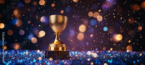 Obraz na płótnie Trophy award for music nomination winner with bokeh light sparkle background. Generative AI technology.
w salonie