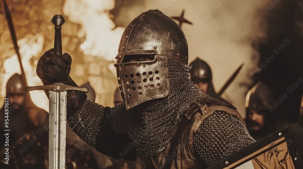 Medieval knight in chainmail armor kneeling with sword ready for battle ...