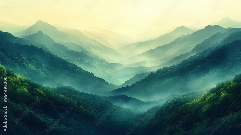 Fototapeta premium Foggy Mountain Landscape with Green Foliage