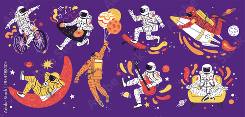 Vector set with astronauts sitting in lotus position, flying on a rocket and much more